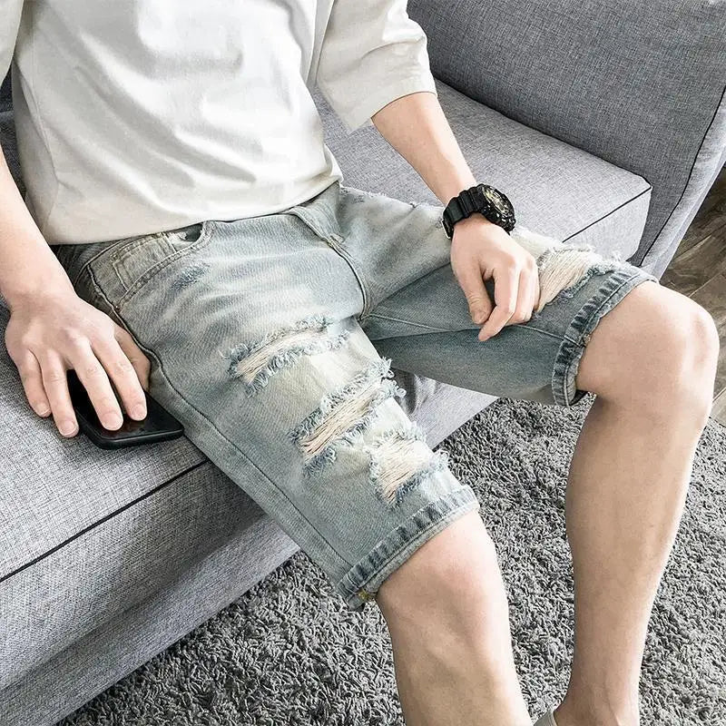 Male Denim Shorts with Pockets Loose Ripped Baggy Men's Short Jeans Pants Wide Y2k Fashion Blue Popular Cowboy Stretch Thin Xxxl
