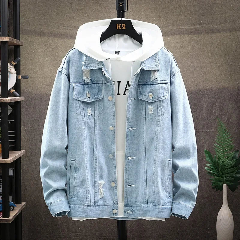 New Men's Classic Casual and Fashionable All-match Ripped Denim Jacket for Spring and Autumn in European and American Styles.