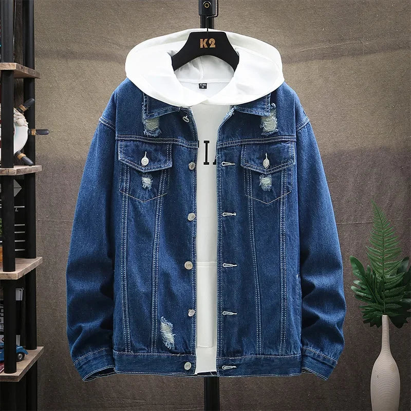 New Men's Classic Casual and Fashionable All-match Ripped Denim Jacket for Spring and Autumn in European and American Styles.