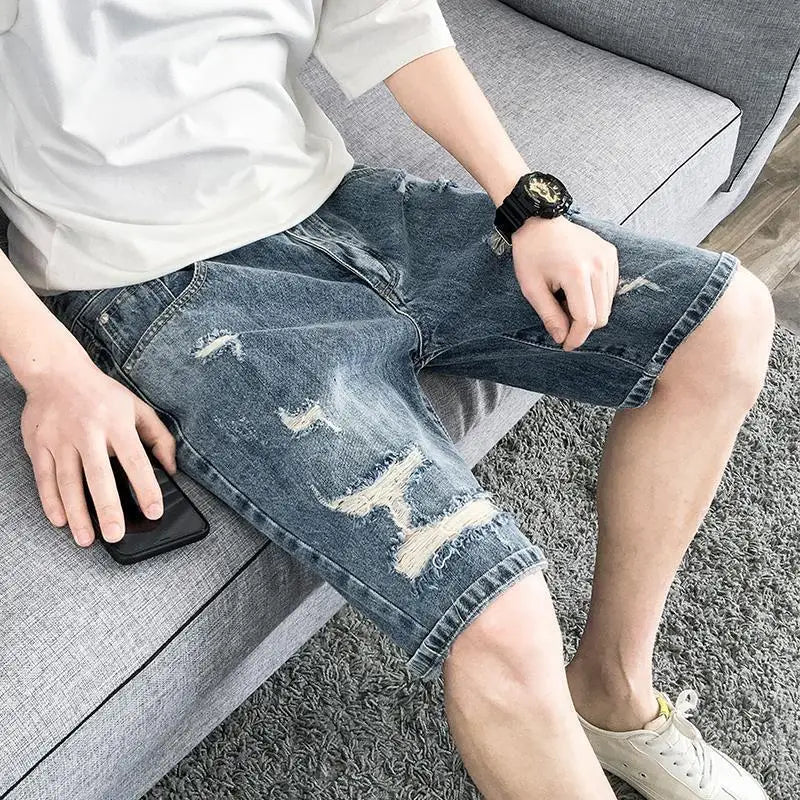 Male Denim Shorts with Pockets Loose Ripped Baggy Men's Short Jeans Pants Wide Y2k Fashion Blue Popular Cowboy Stretch Thin Xxxl