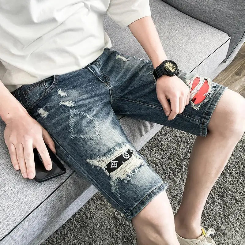 Male Denim Shorts with Pockets Loose Ripped Baggy Men's Short Jeans Pants Wide Y2k Fashion Blue Popular Cowboy Stretch Thin Xxxl