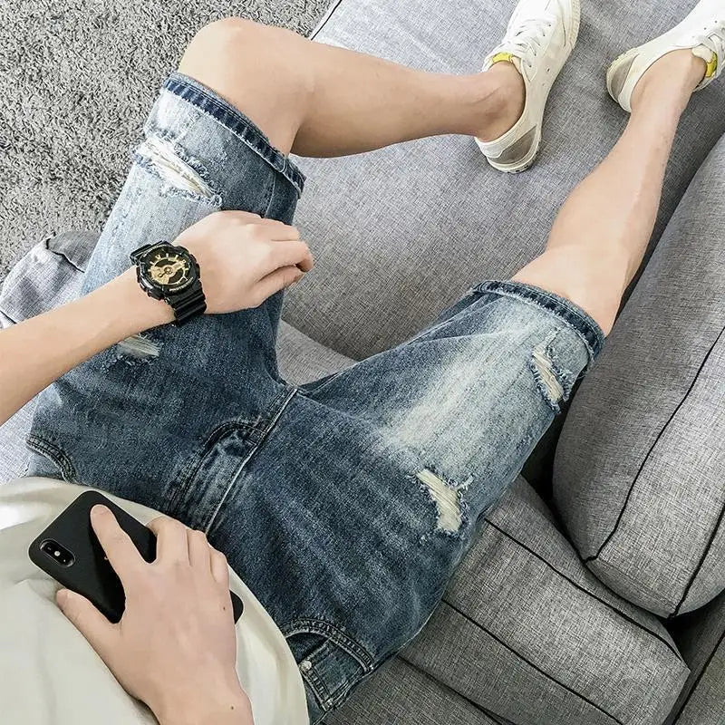 Male Denim Shorts with Pockets Loose Ripped Baggy Men's Short Jeans Pants Wide Y2k Fashion Blue Popular Cowboy Stretch Thin Xxxl
