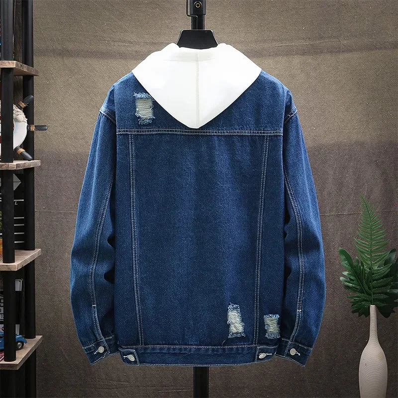 New Men's Classic Casual and Fashionable All-match Ripped Denim Jacket for Spring and Autumn in European and American Styles.