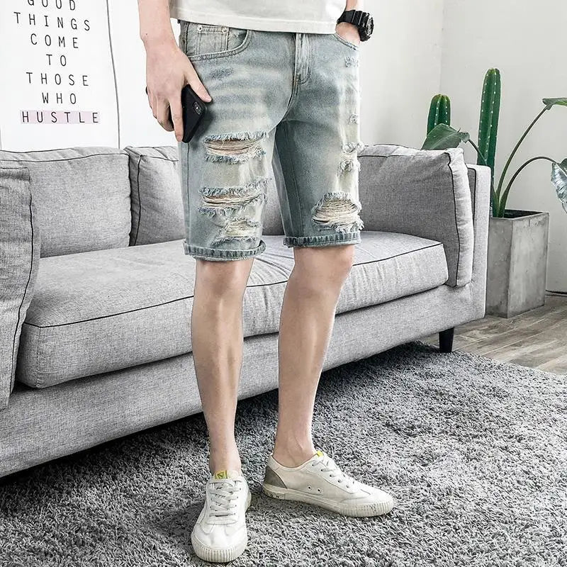 Male Denim Shorts with Pockets Loose Ripped Baggy Men's Short Jeans Pants Wide Y2k Fashion Blue Popular Cowboy Stretch Thin Xxxl