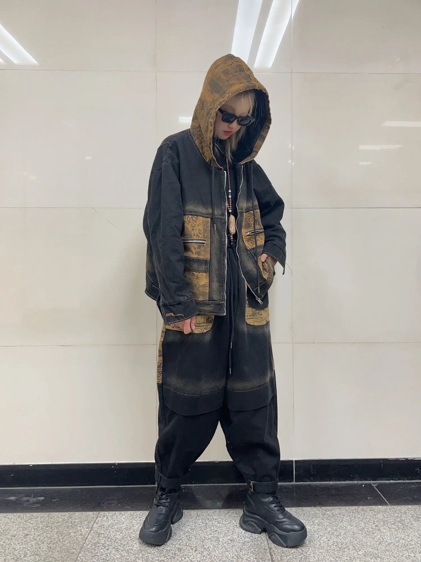 Trendy Vintage Denim Suit Women Hooded Patchwork Long Sleeved Jacket + Loose Harem Pants Two Piece Set Autumn Winter ZF345