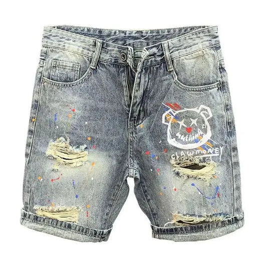 Mens Casual Y2k Cute Bear Print Ripped Denim Shorts Daily Versatile Youth Trend Personality Shorts Men's Clothing 2024 New