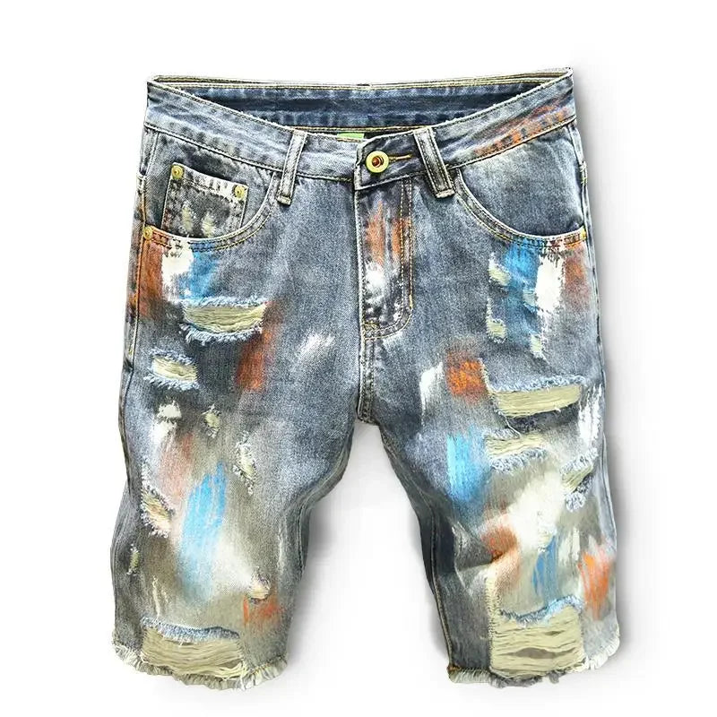 Male Denim Shorts Ripped Long Half Bermuda Men's Short Jeans Pants Print Y2k Fashion Retro With Youthful Emo Thin Buttons Xl