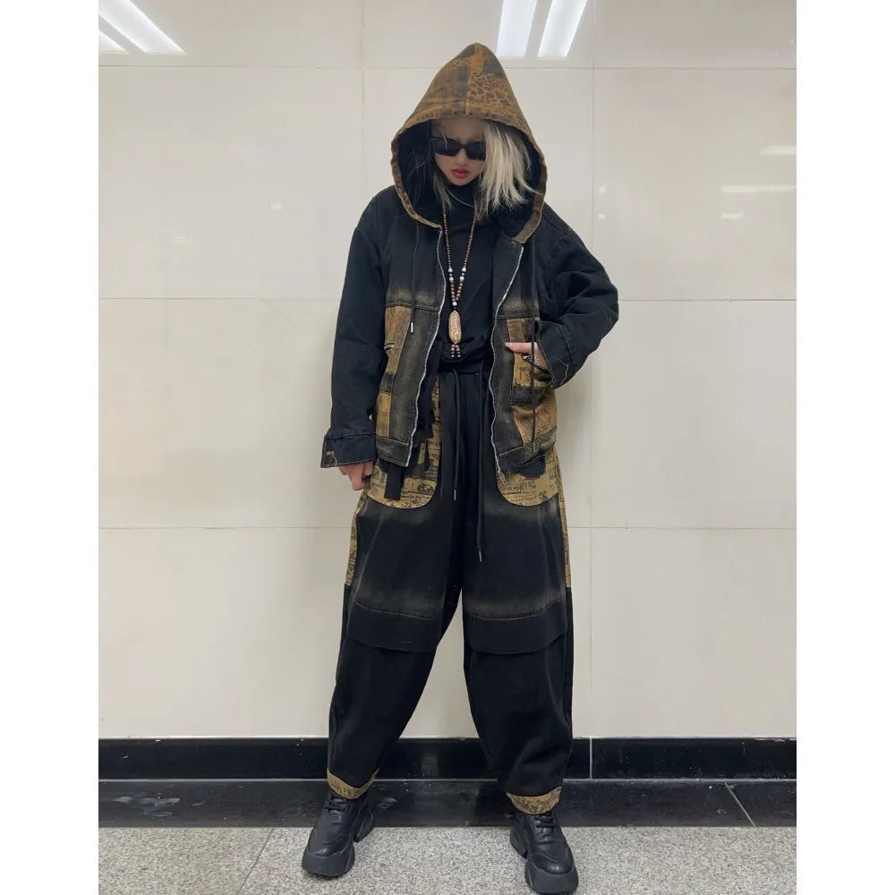 Trendy Vintage Denim Suit Women Hooded Patchwork Long Sleeved Jacket + Loose Harem Pants Two Piece Set Autumn Winter ZF345