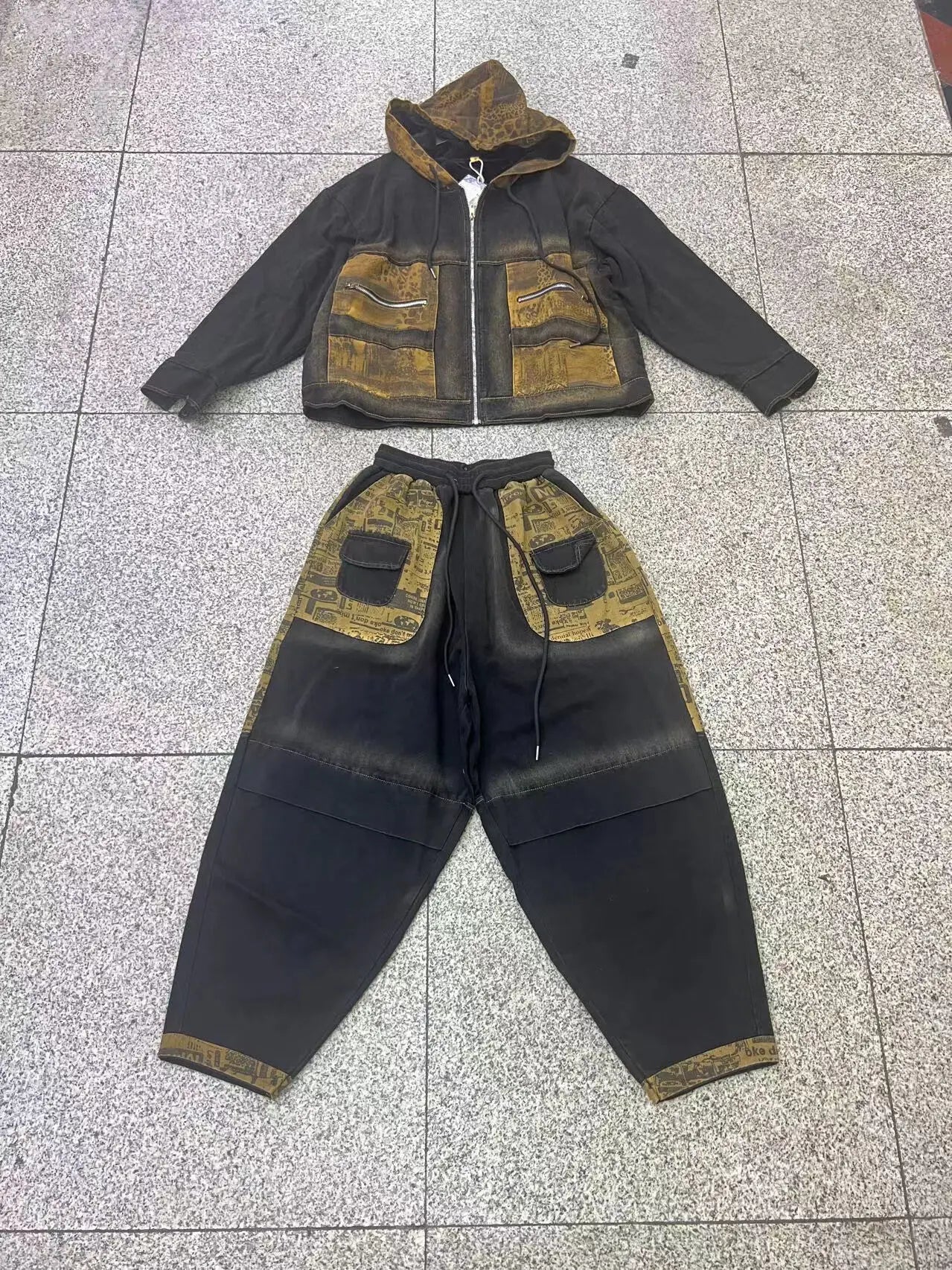 Trendy Vintage Denim Suit Women Hooded Patchwork Long Sleeved Jacket + Loose Harem Pants Two Piece Set Autumn Winter ZF345