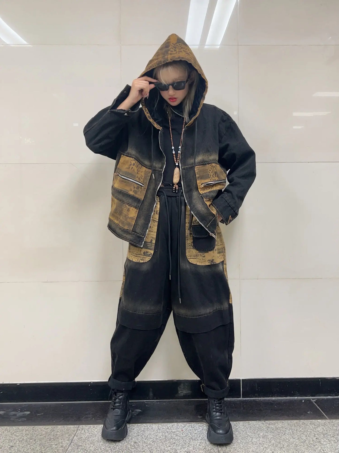 Trendy Vintage Denim Suit Women Hooded Patchwork Long Sleeved Jacket + Loose Harem Pants Two Piece Set Autumn Winter ZF345