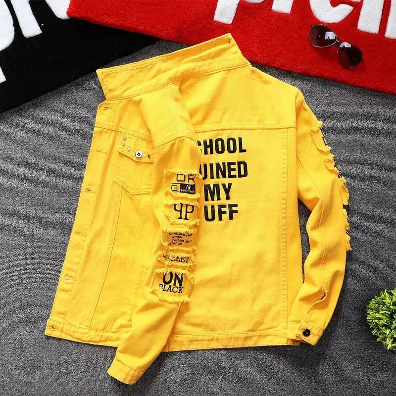 Men's Denim Jacket Yellow Male Jean Coats Punk Ripped with Hole Cowgirl on Board Outwear Original Low Cost Joker Casual Washed G