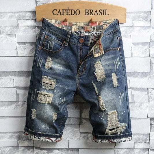 2024 Men's Summer Vintage Ripped Short Jeans Streetwear Hole Design Slim Denim Shorts Male Brand Clothes Fashion Shorts 28-40