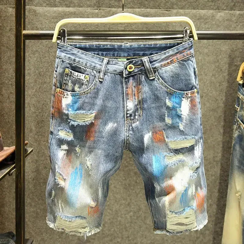 Male Denim Shorts Ripped Long Half Bermuda Men's Short Jeans Pants Print Y2k Fashion Retro With Youthful Emo Thin Buttons Xl