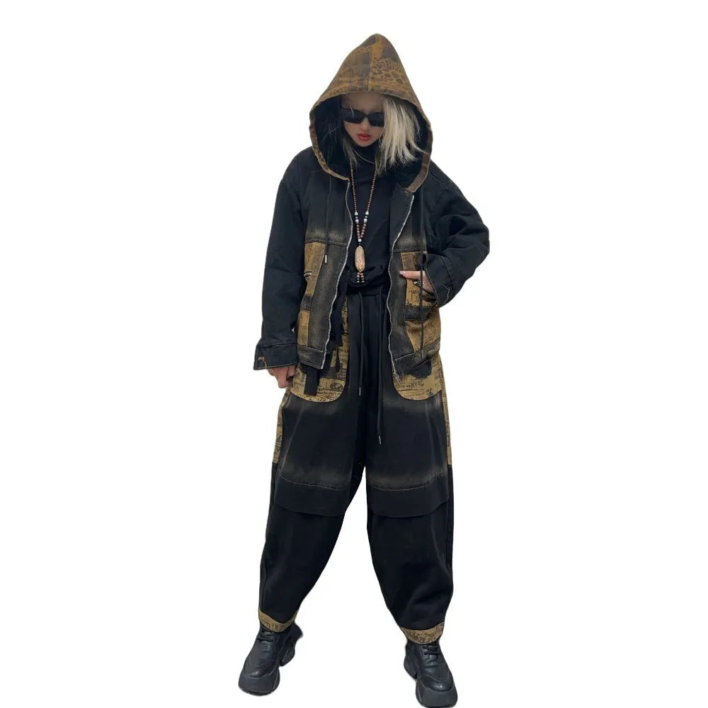 Trendy Vintage Denim Suit Women Hooded Patchwork Long Sleeved Jacket + Loose Harem Pants Two Piece Set Autumn Winter ZF345