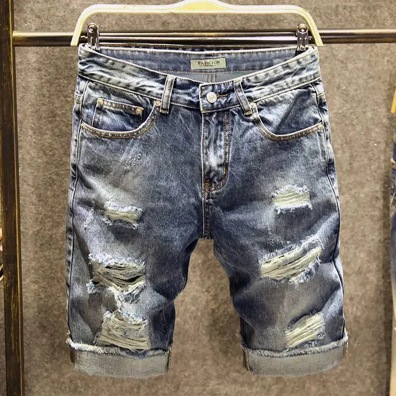 Male Denim Shorts Ripped Long Half Bermuda Men's Short Jeans Pants Print Y2k Fashion Retro With Youthful Emo Thin Buttons Xl