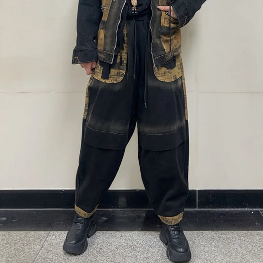 Trendy Vintage Denim Suit Women Hooded Patchwork Long Sleeved Jacket + Loose Harem Pants Two Piece Set Autumn Winter ZF345