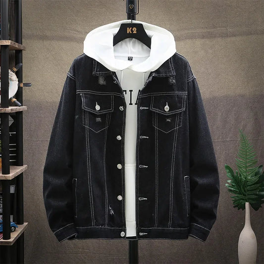 New Men's Classic Casual and Fashionable All-match Ripped Denim Jacket for Spring and Autumn in European and American Styles.