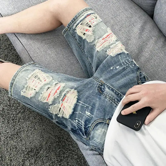 Male Denim Shorts with Pockets Loose Ripped Baggy Men's Short Jeans Pants Wide Y2k Fashion Blue Popular Cowboy Stretch Thin Xxxl