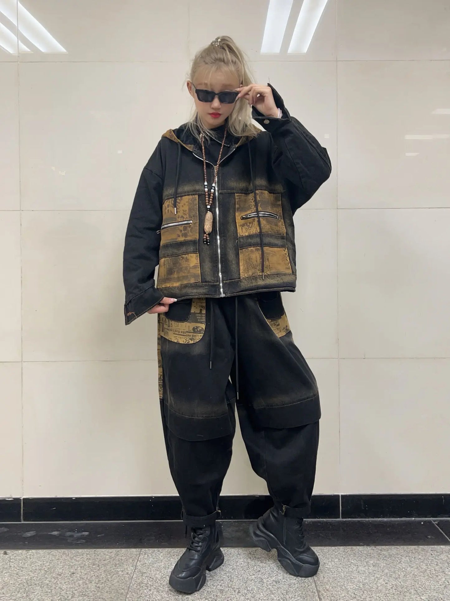 Trendy Vintage Denim Suit Women Hooded Patchwork Long Sleeved Jacket + Loose Harem Pants Two Piece Set Autumn Winter ZF345