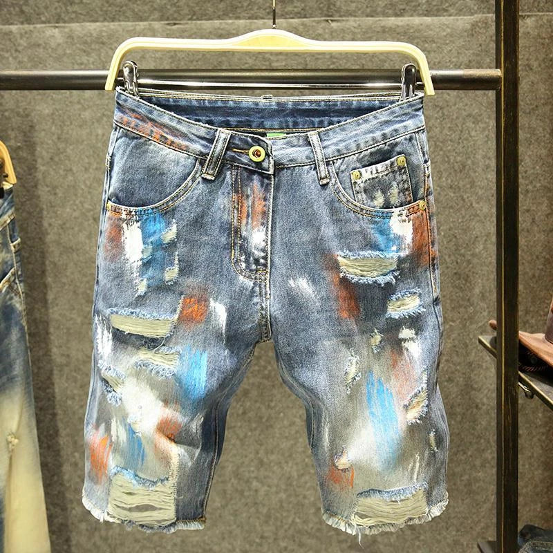 Male Denim Shorts Ripped Long Half Bermuda Men's Short Jeans Pants Print Y2k Fashion Retro With Youthful Emo Thin Buttons Xl