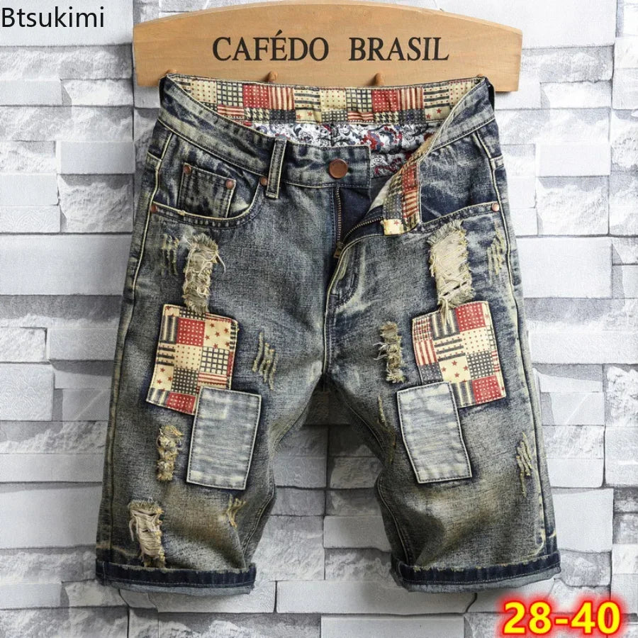 2024 Men's Summer Vintage Ripped Short Jeans Streetwear Hole