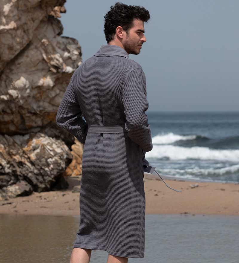 Men's Full Length Lightweight Waffle Spa Robe with Shawl Collar